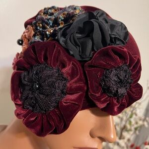 Burgundy Velvet  Flapper Hat Cloche Lace Antique style Wrap Daytime 20s theme Ch
